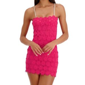 NWT Alamour The Label Hot Pink Crochet Mini with Rhinestone Straps
